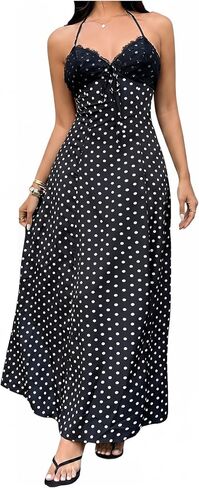 BEAUDRM Women's Polka Dots Halter Maxi Dress Y2k Lace Tie Backless Flowy Summer Vacation Dresses in Saudi Arabia