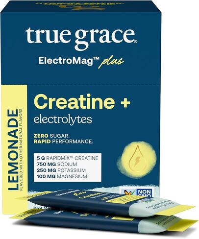 True Grace ElectroMag + Creatine Monohydrate - 16 Stick Packs - Lemonade - Electrolyte Powder for Rapid Performance - Sodium, Potassium, Magnesium, Chloride - Zero Sugar - Non-GMO - 16 Servings in Saudi Arabia