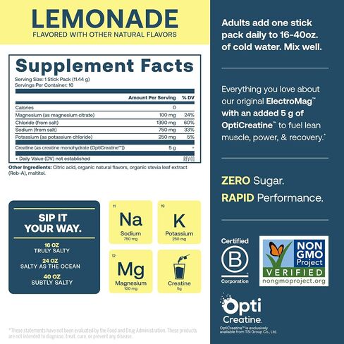 True Grace ElectroMag + Creatine Monohydrate - 16 Stick Packs - Lemonade - Electrolyte Powder for Rapid Performance - Sodium, Potassium, Magnesium, Chloride - Zero Sugar - Non-GMO - 16 Servings in Saudi Arabia