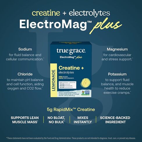 True Grace ElectroMag + Creatine Monohydrate - 16 Stick Packs - Lemonade - Electrolyte Powder for Rapid Performance - Sodium, Potassium, Magnesium, Chloride - Zero Sugar - Non-GMO - 16 Servings in Saudi Arabia