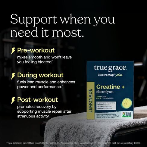 True Grace ElectroMag + Creatine Monohydrate - 16 Stick Packs - Lemonade - Electrolyte Powder for Rapid Performance - Sodium, Potassium, Magnesium, Chloride - Zero Sugar - Non-GMO - 16 Servings in Saudi Arabia