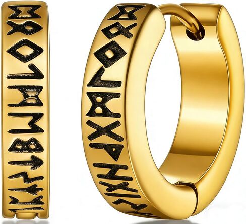 SIISPRI Viking Earrings for Men Women, Norse Viking Hoop Earrings Rune Carved Design Amulet Protection Huggie Hoops Earrings Jewelry Gift,Black/Silver/Gold Plated in Kuwait