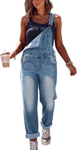 Women's Stretch Jeans Overalls Wide Leg Bib Soft Denim Overalls Casual Loose Fit Straight Leg Jeans Jumpsuit in Saudi Arabia