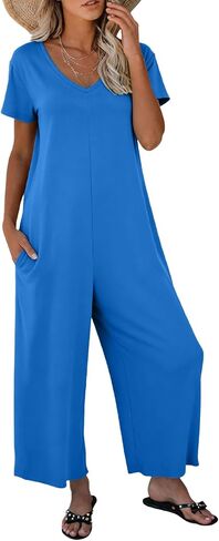 Nfsion Womens Summer Casual Jumpsuit Short Sleeve V Neck Long Pants Rompers Overalls with Pockets in Saudi Arabia