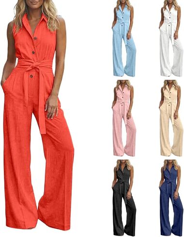 Wedding Guest Jumpsuit For Women Summer Wide Leg 2026 Sleeveless Tie Waist Coverall Button Down Long Pants Romper in Saudi Arabia