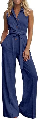 Wedding Guest Jumpsuit For Women Summer Wide Leg 2026 Sleeveless Tie Waist Coverall Button Down Long Pants Romper in Saudi Arabia