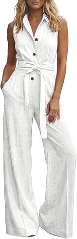 Wedding Guest Jumpsuit For Women Summer Wide Leg 2026 Sleeveless Tie Waist Coverall Button Down Long Pants Romper in Saudi Arabia