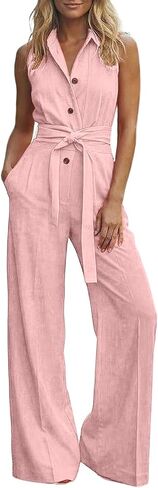 Wedding Guest Jumpsuit For Women Summer Wide Leg 2026 Sleeveless Tie Waist Coverall Button Down Long Pants Romper in Saudi Arabia