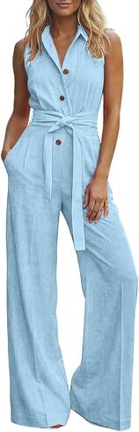 Wedding Guest Jumpsuit For Women Summer Wide Leg 2026 Sleeveless Tie Waist Coverall Button Down Long Pants Romper in Saudi Arabia