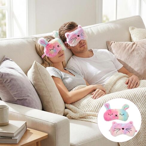 Sleeping Mask for Kids, 2 Pcs Cute Cat Rabbit Sleep Eye Mask Soft Plush Night Eye Masks for Sleeping Comfortable Funny Animal Blindfold for Women Girls Home Travel Nap (Cat, Rabbit) in Saudi Arabia