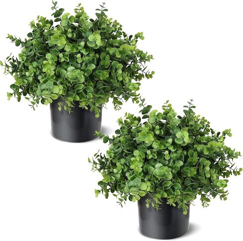 Set of 2 Artificial Eucalyptus Topiary Ball Trees for Front Porch Decor - 17" Faux Eucalyptus in Pot,Realistic Fake Eucalyptus Leaves Potted Plant for Farmhouse Home Front Door Outdoor Decor (Green) in Saudi Arabia