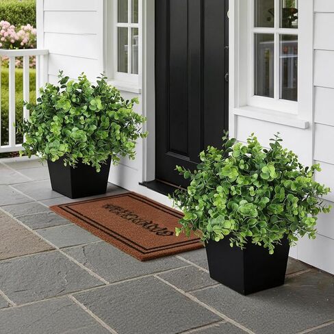 Set of 2 Artificial Eucalyptus Topiary Ball Trees for Front Porch Decor - 17" Faux Eucalyptus in Pot,Realistic Fake Eucalyptus Leaves Potted Plant for Farmhouse Home Front Door Outdoor Decor (Green) in Saudi Arabia