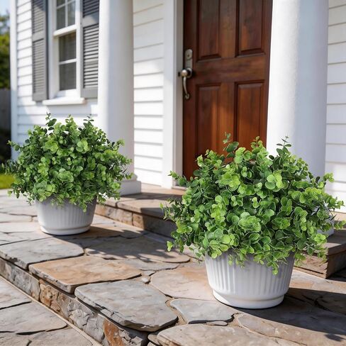 Set of 2 Artificial Eucalyptus Topiary Ball Trees for Front Porch Decor - 17" Faux Eucalyptus in Pot,Realistic Fake Eucalyptus Leaves Potted Plant for Farmhouse Home Front Door Outdoor Decor (Green) in Saudi Arabia