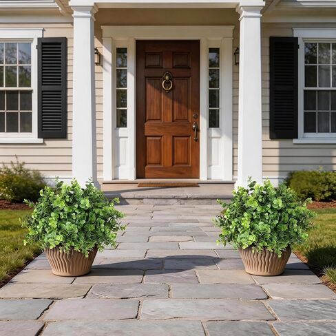 Set of 2 Artificial Eucalyptus Topiary Ball Trees for Front Porch Decor - 17" Faux Eucalyptus in Pot,Realistic Fake Eucalyptus Leaves Potted Plant for Farmhouse Home Front Door Outdoor Decor (Green) in Saudi Arabia