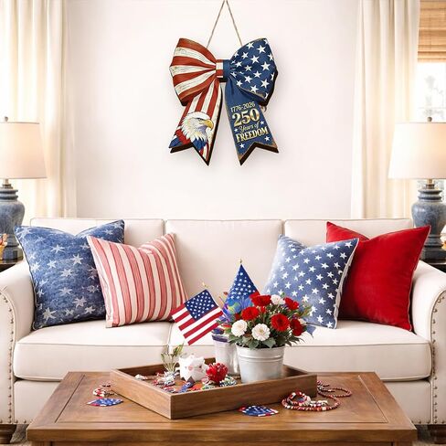 Patriotic Wreath for‌ Front Door 250th Anniversary Wreath 4th Of July Door Hanger American Bow Eagle 1776-2026 Patriotic Independence Day Wooden Wall Decor for‌ Home Porch Outdoor Decor Sign in Saudi Arabia