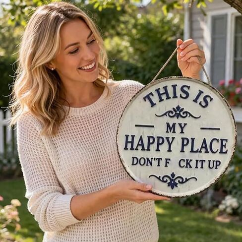 12 * 12in Funny Garden Metal Sign,This Is My Happy Place Don'T F It Up | Round Vintage Wall Decor, Rustic Farmhouse Hanging Plaque with Bold Humor for Home Office Porch Bar Cabin in Saudi Arabia