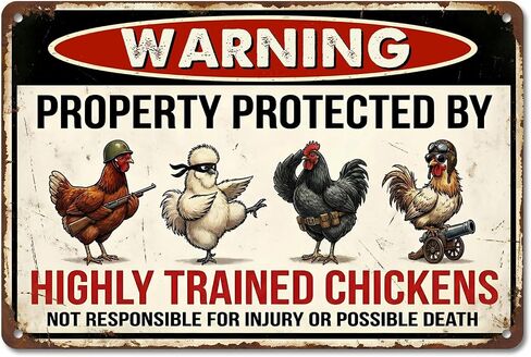 Funny Chicken Coop Decor "Warning Highly Trained Chickens" Tin Sign - Rustic Farm Decor, Backyard Fence Signs - Gag Gifts for Chicken Lovers 8x12 Inch（26003） in Saudi Arabia