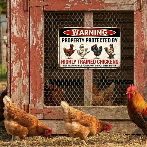 Funny Chicken Coop Decor "Warning Highly Trained Chickens" Tin Sign - Rustic Farm Decor, Backyard Fence Signs - Gag Gifts for Chicken Lovers 8x12 Inch（26003） in Saudi Arabia