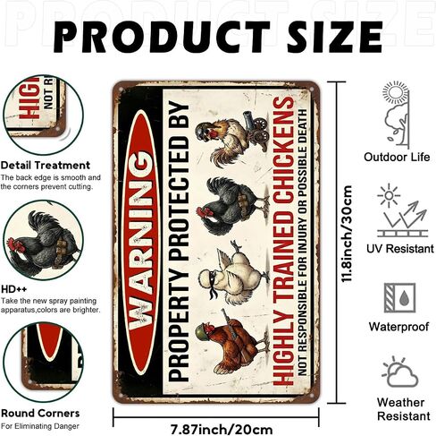 Funny Chicken Coop Decor "Warning Highly Trained Chickens" Tin Sign - Rustic Farm Decor, Backyard Fence Signs - Gag Gifts for Chicken Lovers 8x12 Inch（26003） in Saudi Arabia