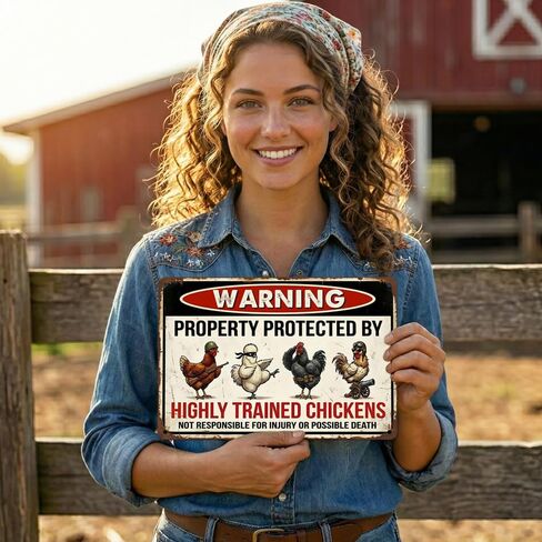 Funny Chicken Coop Decor "Warning Highly Trained Chickens" Tin Sign - Rustic Farm Decor, Backyard Fence Signs - Gag Gifts for Chicken Lovers 8x12 Inch（26003） in Saudi Arabia