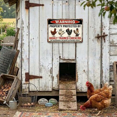 Funny Chicken Coop Decor "Warning Highly Trained Chickens" Tin Sign - Rustic Farm Decor, Backyard Fence Signs - Gag Gifts for Chicken Lovers 8x12 Inch（26003） in Saudi Arabia