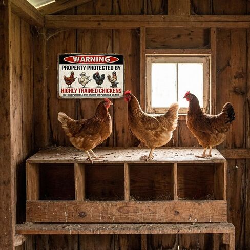 Funny Chicken Coop Decor "Warning Highly Trained Chickens" Tin Sign - Rustic Farm Decor, Backyard Fence Signs - Gag Gifts for Chicken Lovers 8x12 Inch（26003） in Saudi Arabia