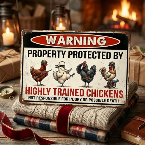 Funny Chicken Coop Decor "Warning Highly Trained Chickens" Tin Sign - Rustic Farm Decor, Backyard Fence Signs - Gag Gifts for Chicken Lovers 8x12 Inch（26003） in Saudi Arabia