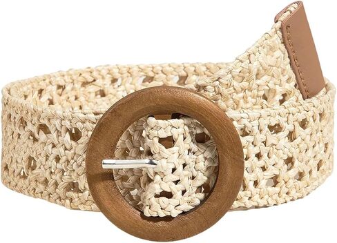 SHENHE Women's Straw Woven Belt Wide Braided Round Wooden Buckle Boho Waist Belt in Saudi Arabia