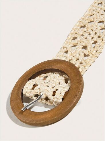 SHENHE Women's Straw Woven Belt Wide Braided Round Wooden Buckle Boho Waist Belt in Saudi Arabia