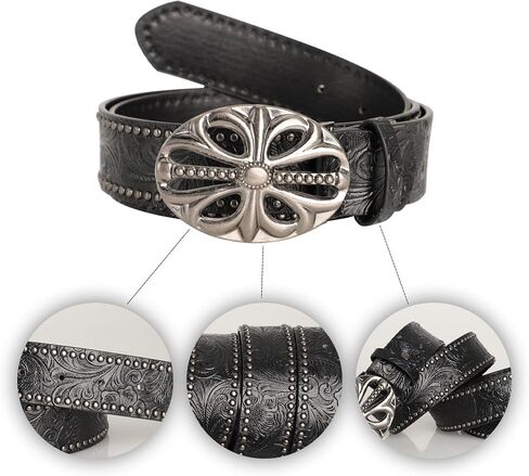 Y2K-Studded-Belt for Women & Men - Alt Emo Gothic Vintage Black Western Flower Leather Cowboy Cowgirl Belt for Jeans in Saudi Arabia