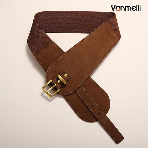 حزام مطاطي واسع من VONMELLI للنساء يناسب الفساتين من الجلد السويدي وحزام قابل للتمدد مع إبزيم ذهبي Vinatge in Kuwait