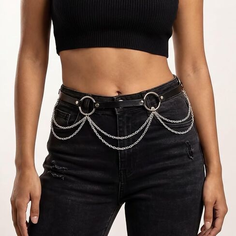 Zoestar Women's Leather Waist Chain Belt Black Fashion Rave Body Accessories in Kuwait