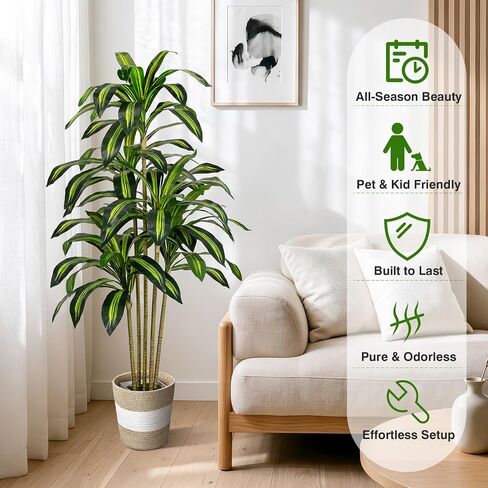 5FT Artificial Dracaena Tree - Tall Faux Dracaena with White Planter, Artificial Plants Indoor, Fake Plant Build Boho-Chic Basket, Fake Tree for Outdoor Home Office Decor in Saudi Arabia