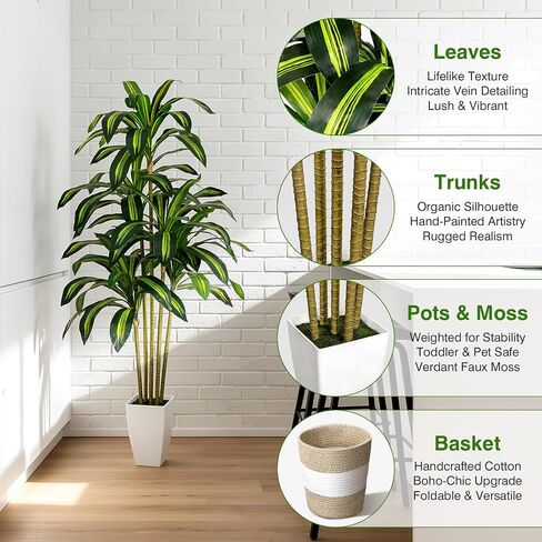 5FT Artificial Dracaena Tree - Tall Faux Dracaena with White Planter, Artificial Plants Indoor, Fake Plant Build Boho-Chic Basket, Fake Tree for Outdoor Home Office Decor in Saudi Arabia