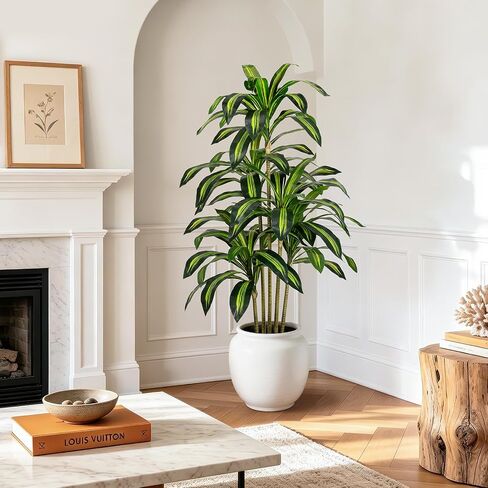 5FT Artificial Dracaena Tree - Tall Faux Dracaena with White Planter, Artificial Plants Indoor, Fake Plant Build Boho-Chic Basket, Fake Tree for Outdoor Home Office Decor in Saudi Arabia