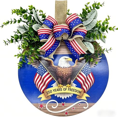 250th Anniversary Patriotic Wreath for Front Door, 250 Years of Freedom Wooden Door Sign, 4th of July Decorations Outdoor & Memorial Day Decor for Home (Color-Freedom2) in Kuwait