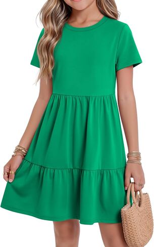 Girl's Dresses Kids Back to School Short Sleeve Crew Neck Tiered Swing A-Line Cute Casual Summer Dresses in Kuwait
