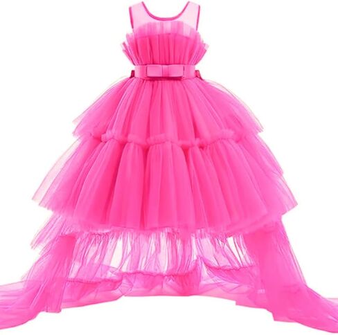 Girls Hi-Low Tulle Flower Girl Dress with Detachable Train, Princess Ball Gown for Wedding, Communion, Pageant, Rose Pink in Kuwait