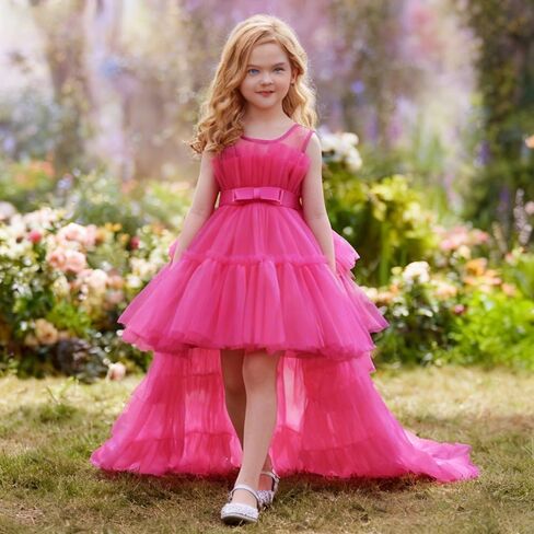 Girls Hi-Low Tulle Flower Girl Dress with Detachable Train, Princess Ball Gown for Wedding, Communion, Pageant, Rose Pink in Kuwait