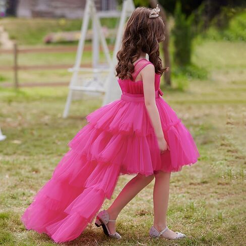 Girls Hi-Low Tulle Flower Girl Dress with Detachable Train, Princess Ball Gown for Wedding, Communion, Pageant, Rose Pink in Kuwait