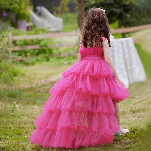 Girls Hi-Low Tulle Flower Girl Dress with Detachable Train, Princess Ball Gown for Wedding, Communion, Pageant, Rose Pink in Kuwait