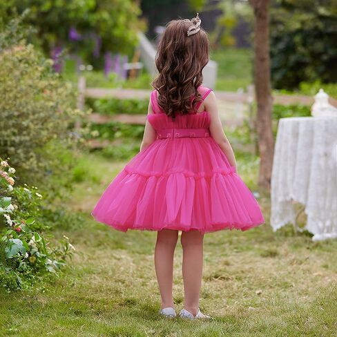 Girls Hi-Low Tulle Flower Girl Dress with Detachable Train, Princess Ball Gown for Wedding, Communion, Pageant, Rose Pink in Kuwait