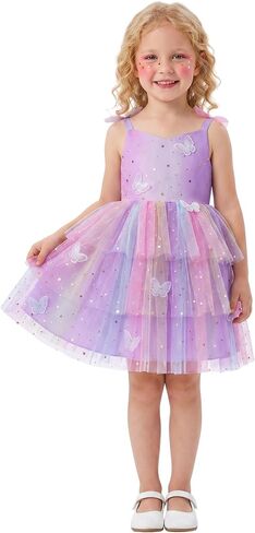Toddler Girls 3D Butterfly Tulle Dress,Sparkly Rainbow Tiered Birthday Party Dress for Baby Girls in Kuwait
