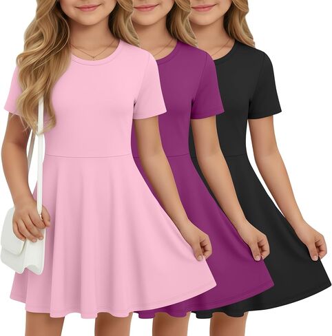 Halfchet 3 Pack Girls Dress Short Sleeve Swing Skater Twirl Crewneck Summer A Line Flared Kids Basic Dresses for 5-14 Years in Saudi Arabia