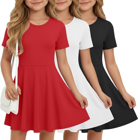 Halfchet 3 Pack Girls Dress Short Sleeve Swing Skater Twirl Crewneck Summer A Line Flared Kids Basic Dresses for 5-14 Years in Kuwait