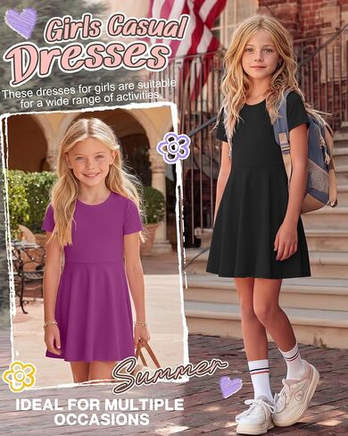 Halfchet 3 Pack Girls Dress Short Sleeve Swing Skater Twirl Crewneck Summer A Line Flared Kids Basic Dresses for 5-14 Years in Saudi Arabia