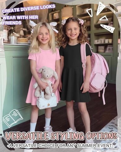 Halfchet 3 Pack Girls Dress Short Sleeve Swing Skater Twirl Crewneck Summer A Line Flared Kids Basic Dresses for 5-14 Years in Saudi Arabia