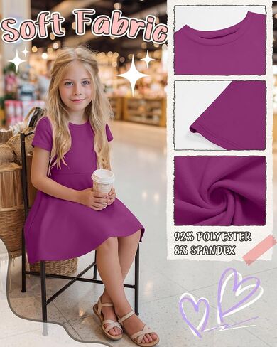 Halfchet 3 Pack Girls Dress Short Sleeve Swing Skater Twirl Crewneck Summer A Line Flared Kids Basic Dresses for 5-14 Years in Saudi Arabia