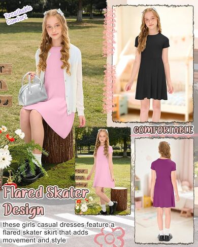 Halfchet 3 Pack Girls Dress Short Sleeve Swing Skater Twirl Crewneck Summer A Line Flared Kids Basic Dresses for 5-14 Years in Saudi Arabia