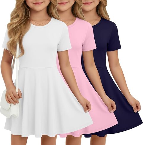 Halfchet 3 Pack Girls Dress Short Sleeve Swing Skater Twirl Crewneck Summer A Line Flared Kids Basic Dresses for 5-14 Years in Saudi Arabia
